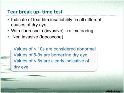 tear break up test|reduced tear break up time.